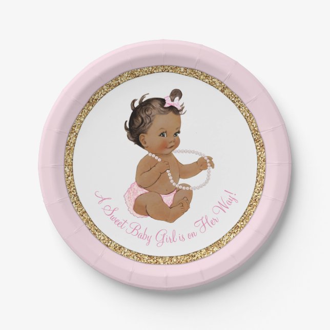 Pink Gold Pearl Ethnic Girl Baby Dusche Pappteller (Vorderseite)