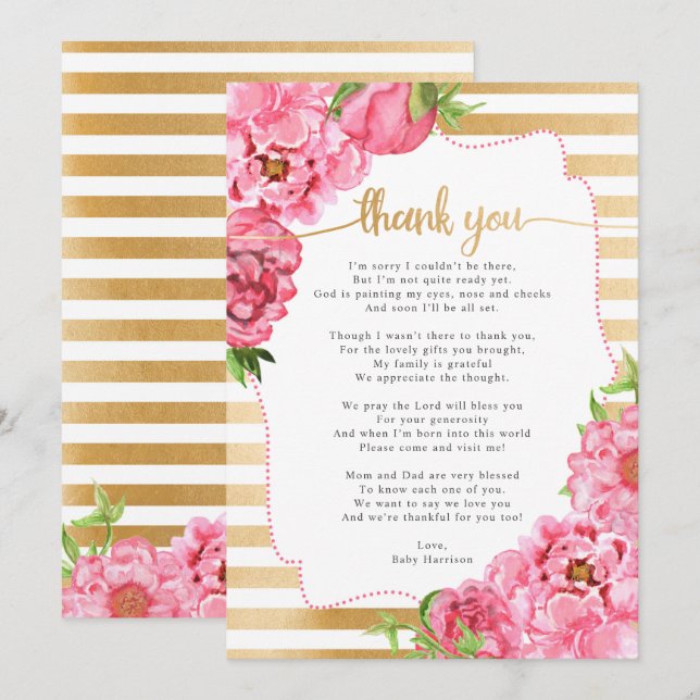 Pink Gold Peonies Baby Dusche danke Einladung (Vorne/Hinten)