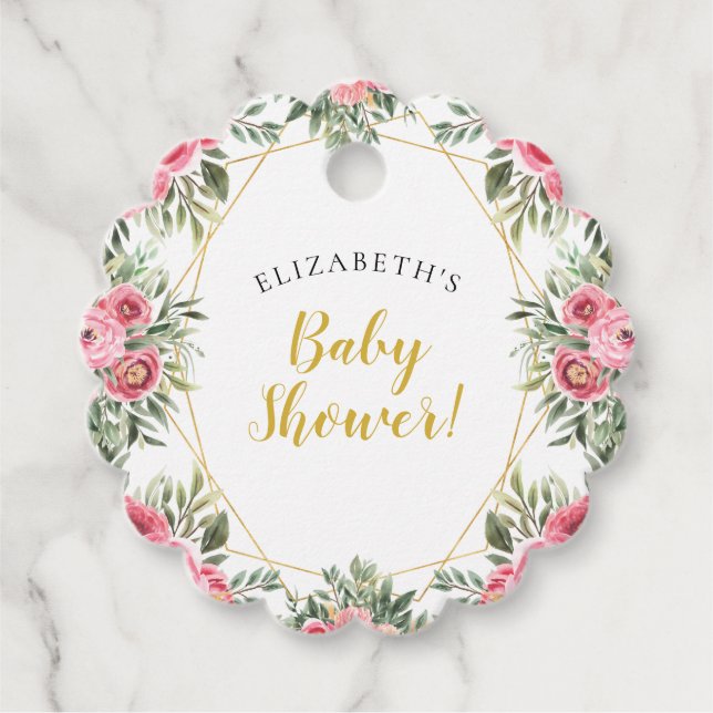 Pink Gold Peonies Baby Dusche Geschenkanhänger (Vorderseite)