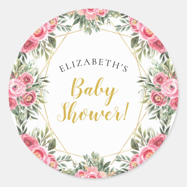 Pink Gold Peonies Baby Dusche Runder Aufkleber (Vorderseite)