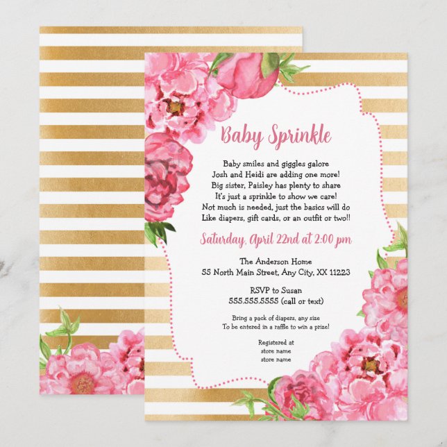 Pink Gold Peonies Baby Sprinkle Einladung (Vorne/Hinten)