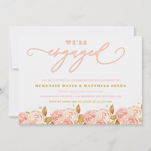 Pink Gold Peony Wir sind Verlobte Engagement Party Einladung (Vorderseite)