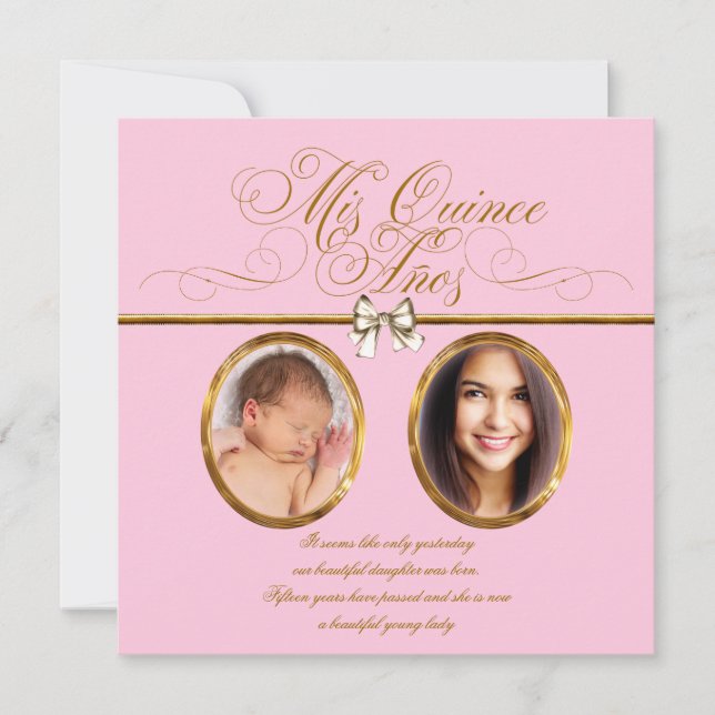 Pink Gold Photo Quinceanera Invitations (Devant)