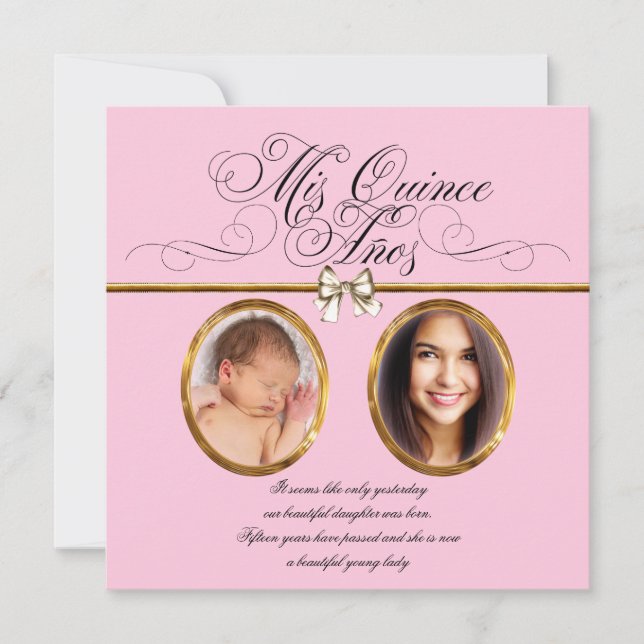 Pink Gold Photo Quinceanera Invitations (Devant)