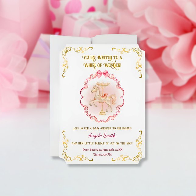 Pink & Gold Pony Dreams-Baby shower Invitation (pink-pony-horse-carousel-baby-shower-invitation)