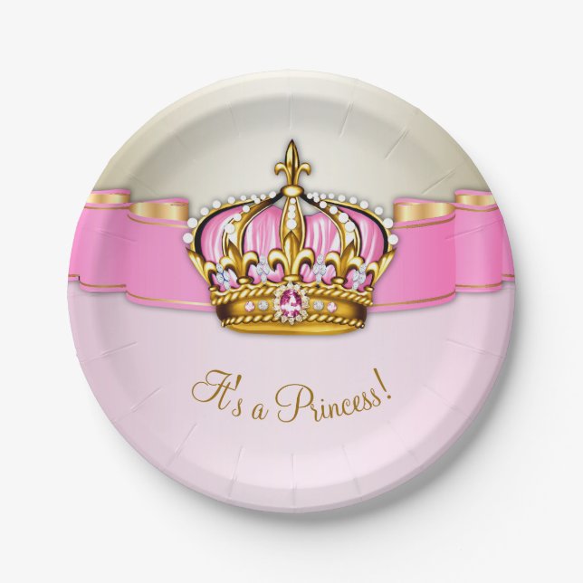 Pink Gold Princess Crown Baby Dusche Pappteller (Vorderseite)