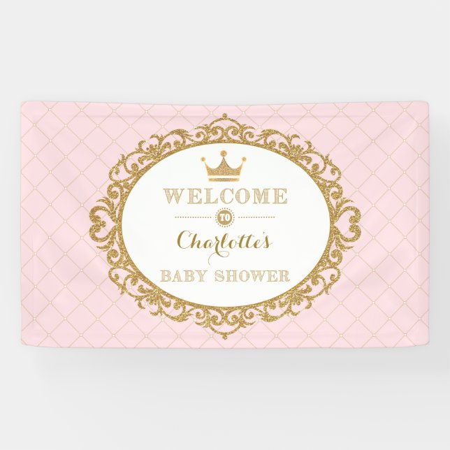 Pink Gold Princess Crown Baby Dusche Willkommen Banner (Horizontal)