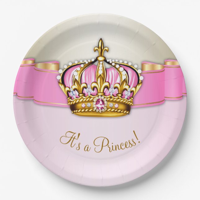 Pink Gold Princess Crown Girl Baby Dusche Pappteller (Vorderseite)