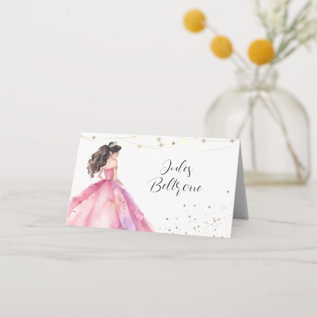 Pink Gold Princess Quinceañera Platzkarte (Vorderseite)