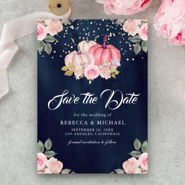 Pink Gold Pumpkin Floral Navy Blue Wedding Save The Date (Von Creator hochgeladen)
