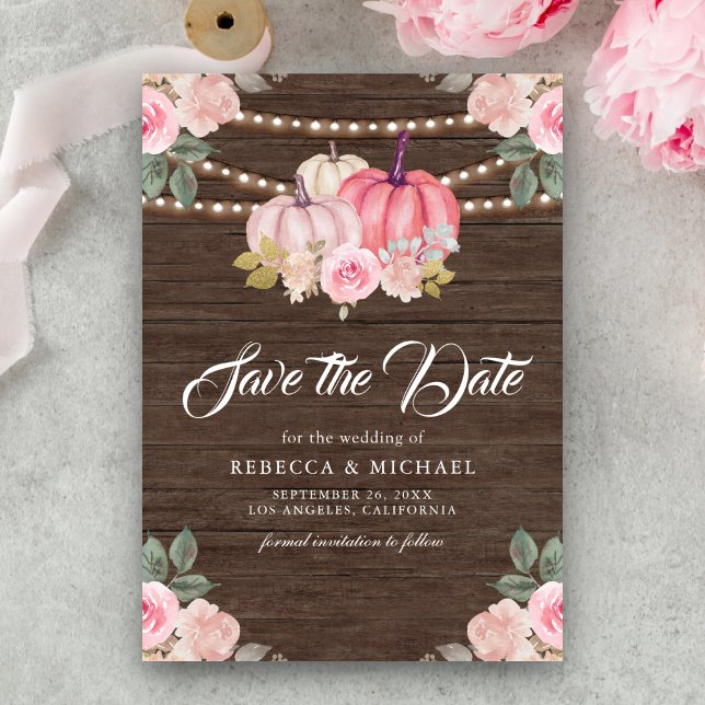 Pink Gold Pumpkin Floral Wood Wedding Save The Date (Von Creator hochgeladen)