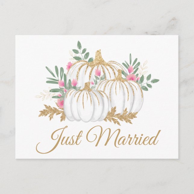 Pink Gold Pumpkin Just Married Hochzeit im Herbst Ankündigungspostkarte (Vorderseite)