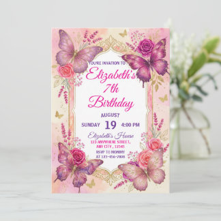 Pink gold purple elegant butterfly girl birthday  einladung
