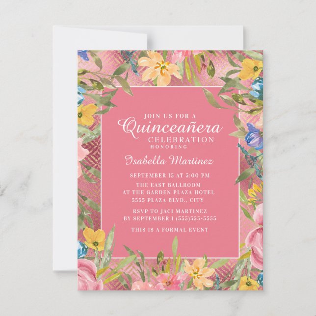 Pink Gold Quinceñera Yellow Blue Einladung (Vorderseite)