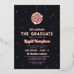Pink Gold Retro Discoball Flares Graduation Party Folieneinladung