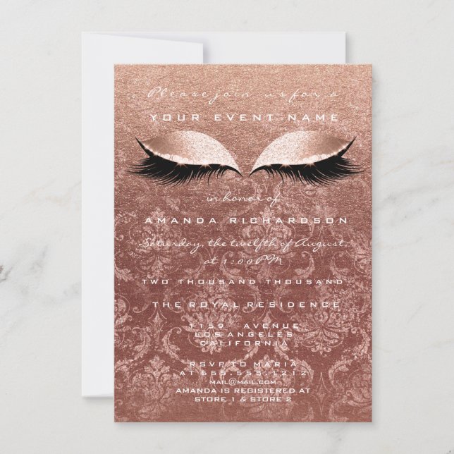 Pink Gold Rose Damask Eyes Glitzer 16. Bridal Einladung (Vorderseite)