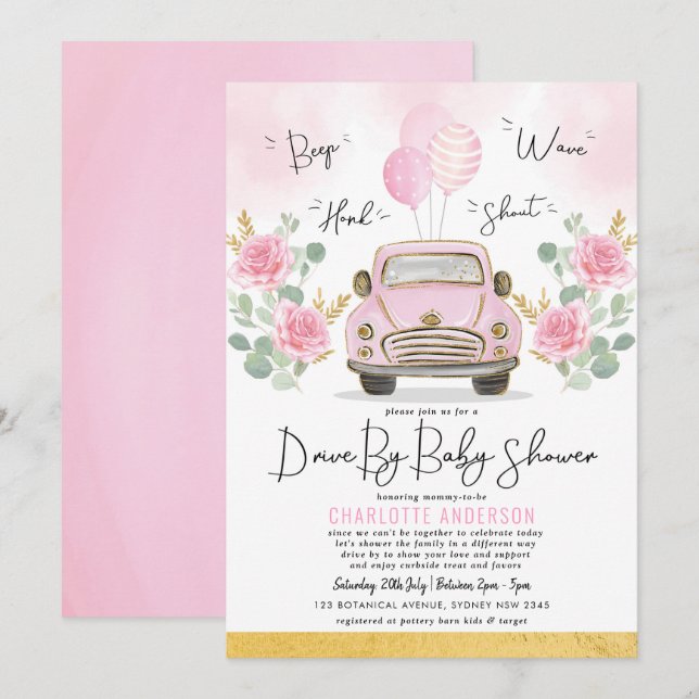 Pink Gold Rose fahren durch die Girl Baby Dusche Einladung (Vorne/Hinten)