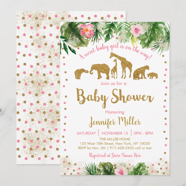 Pink & Gold Safari Tierbabydusche Einladung (Vorne/Hinten)