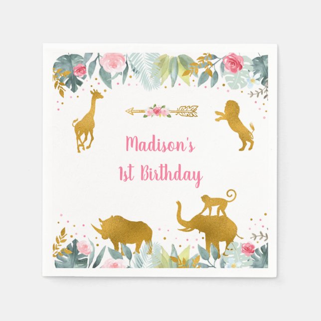 Pink Gold Safari Tierwelt Geburtstag Serviette (Vorderseite)