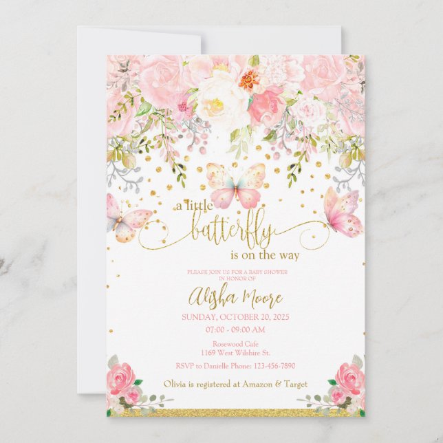Pink Gold Schmetterling Baby Dusche Einladung (Vorderseite)