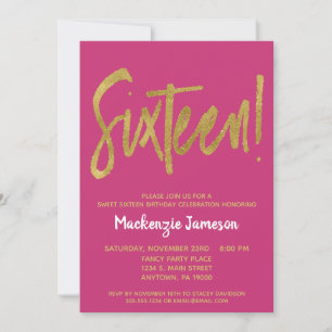Pink Gold Script 16 . Geburtstag Party Einladung