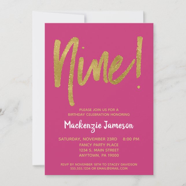 Pink Gold Script 9th Birthday Party Invitation (Devant)