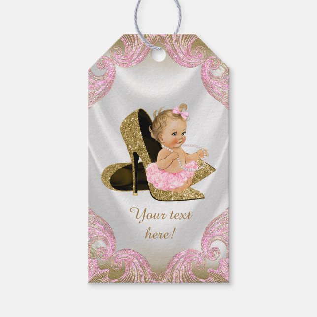 Pink Gold Shoe Baby Dusche Geschenkanhänger (Vorderseite)