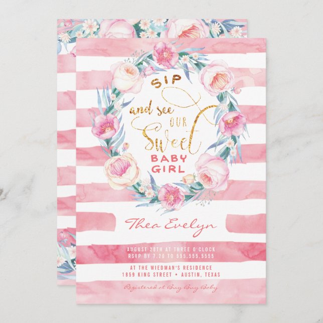 Pink & Gold Sip and See Baby Shower Invitations (Devant / Derrière)