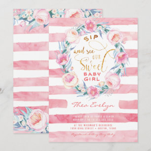Pink & Gold Sip and See Baby Shower Invitations