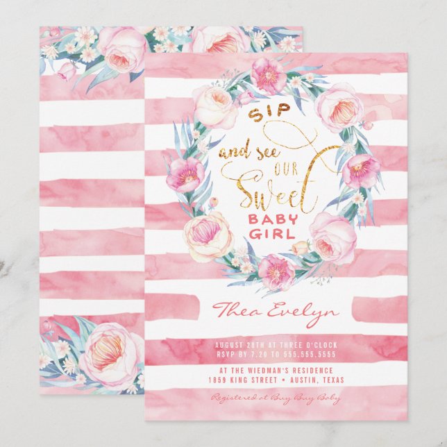 Pink & Gold Sip und Baby Shower Einladungen (Vorne/Hinten)