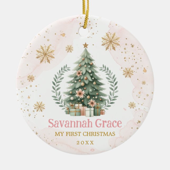 Pink Gold Snowflake Baby 1. Weihnachten Keramik Ornament (Vorne)
