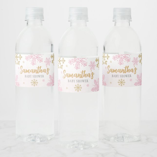 Pink Gold Snowflakes Baby Dusche (Flaschen)