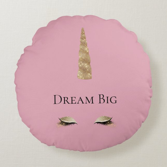 Pink Gold Sparkle Glam Unicorn Rundes Kissen (Vorderseite)