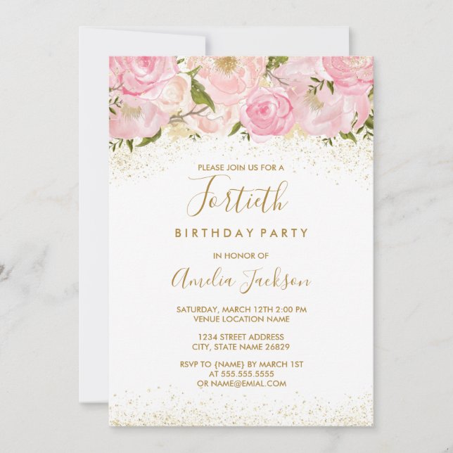 Pink Gold Sparkle Rose 40e anniversaire Invitation (Devant)