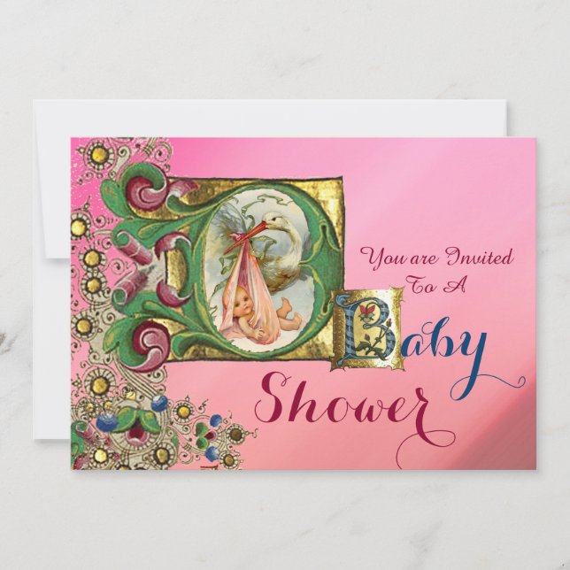 PINK GOLD STORK GIRL BABY DUSCHE BLUMENMONOGRAM EINLADUNG (Vorderseite)