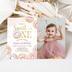 Pink Gold Sweet One Donuts 1. Geburtstag Foto Einladung