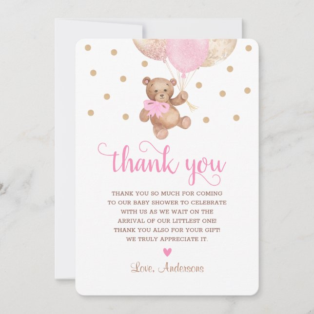 Pink Gold Teddy Bear Beary Much Baby Dusche Dankeskarte (Vorderseite)