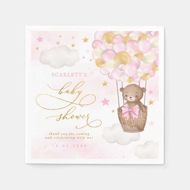Pink Gold Teddy Bear Hot Air Ballon Baby Girl Serviette (Vorderseite)