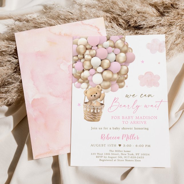 Pink Gold Teddy Bear Hot Air Ballon Babydusche Einladung (Von Creator hochgeladen)