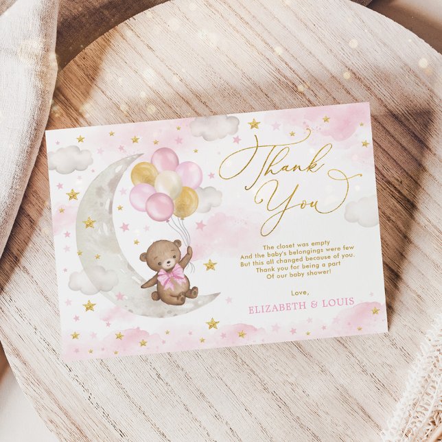 Pink Gold Teddy Bear Moon Balloons Wolken Sterne Dankeskarte (Von Creator hochgeladen)