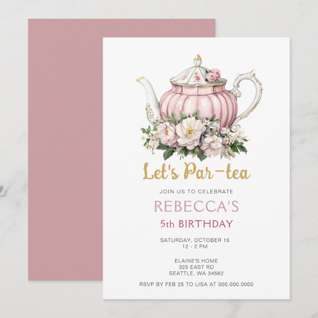 Pink Gold Tee Party Girl Birthday Einladung (Vorne/Hinten)
