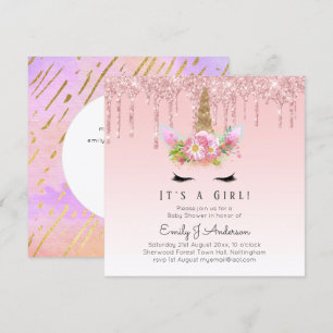 Pink Gold Tropfen Glitzer Unicorn Baby Girl Dusche Einladung