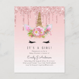 Pink Gold Tropfen Glitzer Unicorn Baby Girl Dusche Postkarte