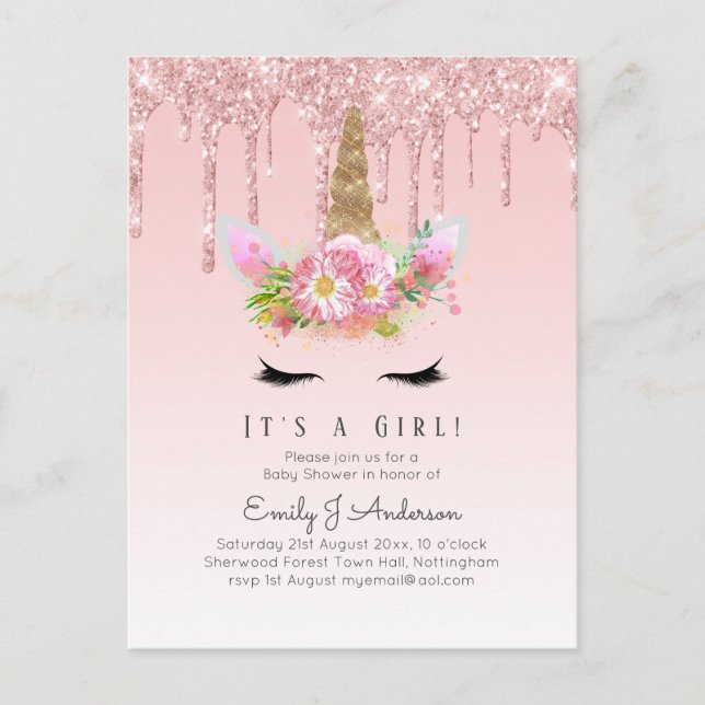 Pink Gold Tropfen Glitzer Unicorn Baby Girl Dusche Postkarte (Vorderseite)