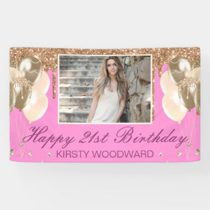 Pink & Gold tropfender Glitter & Luftballons Gebur Banner