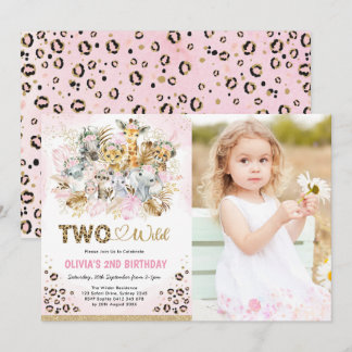 Pink Gold Tropical Safari Zwei Wildtiere Foto Gebu Einladung