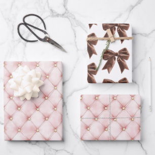 Pink Gold Tufts Brown Bow Brautparty Geschenkpapier Set