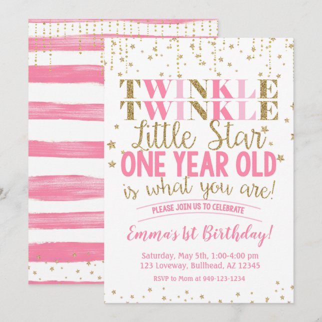 Pink & Gold Twinkle Little Star 1. Geburtstag Einladung (Vorne/Hinten)