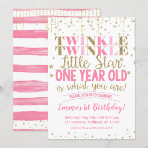 Pink & Gold Twinkle Little Star 1. Geburtstag Einladung