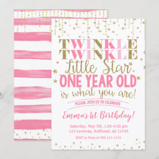 Pink & Gold Twinkle Little Star 1. Geburtstag Einladung